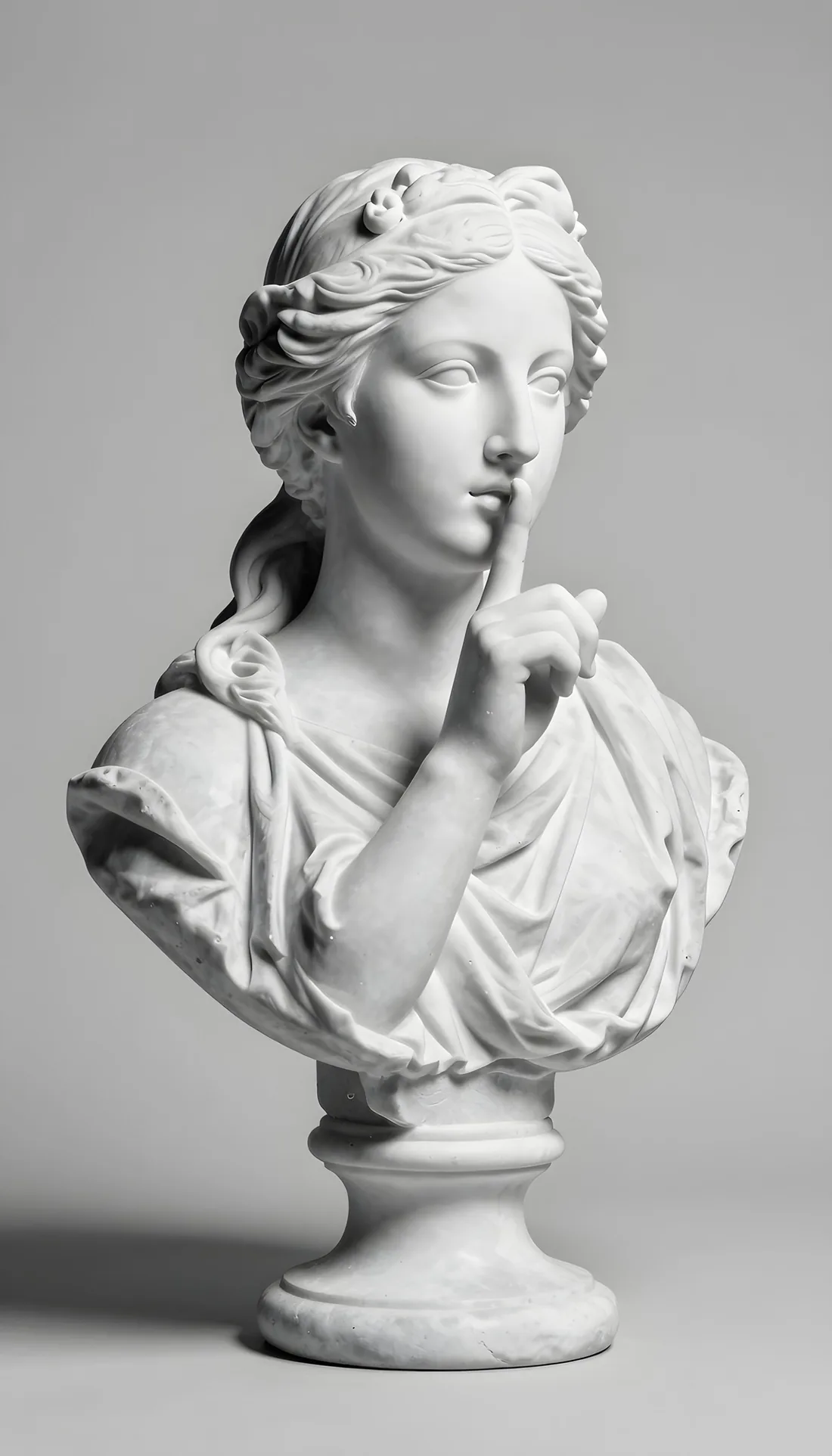 A marble statue with a finger to her lips